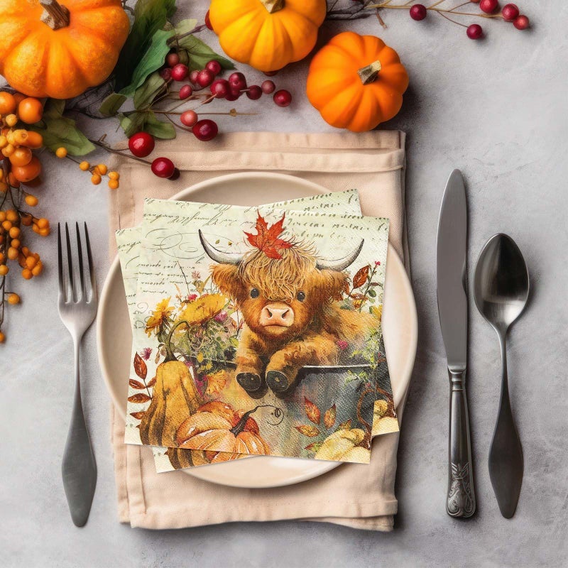 JarThenaAMCS 80 قطعة من المناديل الورقية الخريفية مناديل بقرة المرتفعات اليقطين للاستعمال مرة واحدة، مناديل مائدة الغداء المزخرفة لعيد الشكر لمستلزمات حفلات الزفاف في الخريف - Image 4